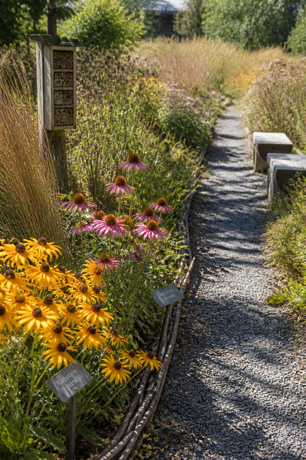 A gravel path curves between beds of yellow rudbeckia and pink echinacea flowers, with small plant labels and two stone benches visible along the edge.