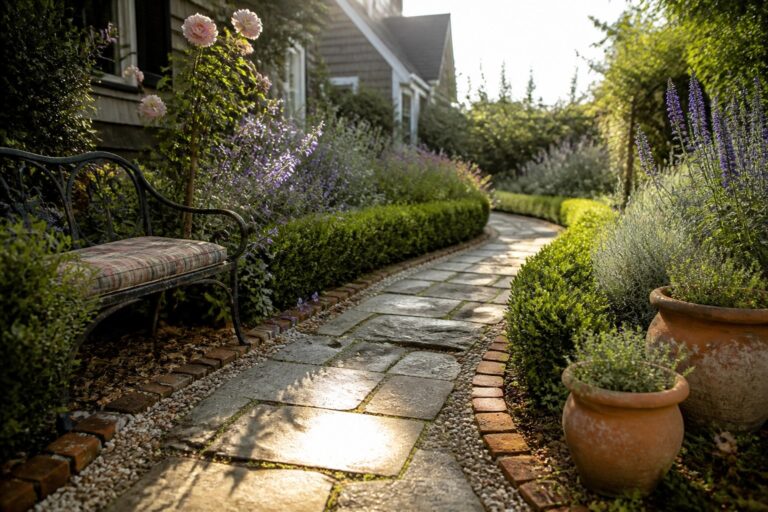 Garden path with wrought iron bench and plaid cushion amid blooming flowers
