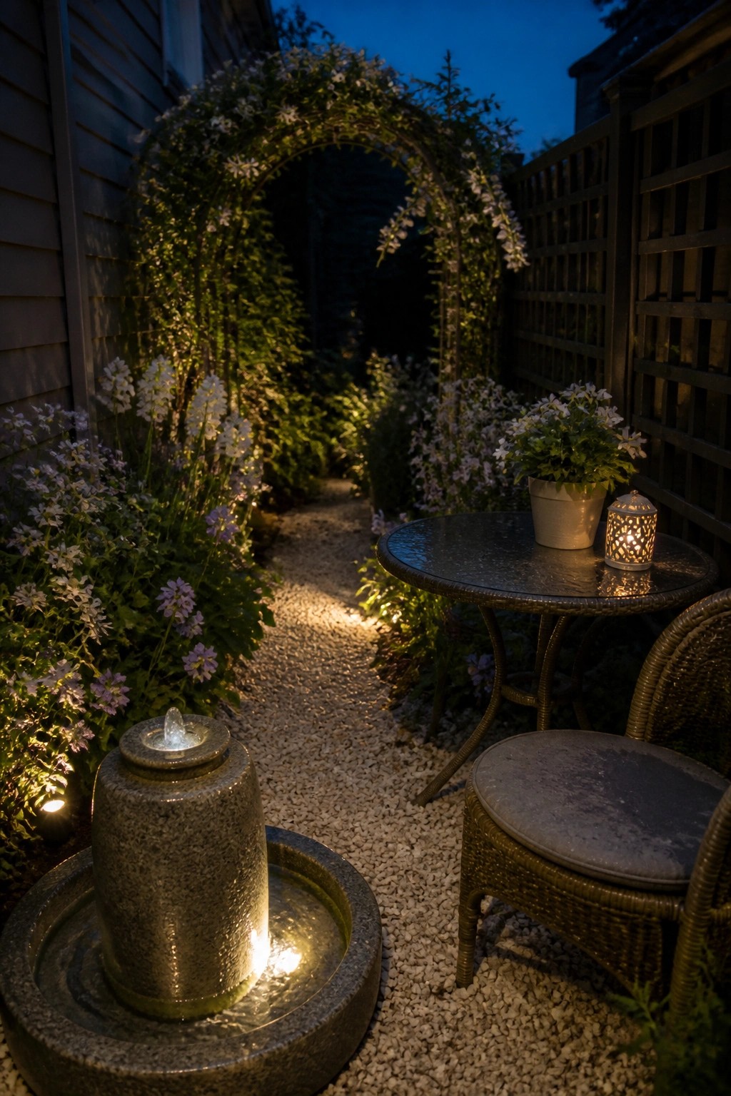A nighttime garden scene showing a gravel path lined with flowering plants, a lit stone fountain in the foreground, and a small round table with a wicker chair and lantern beside a flowering arch.