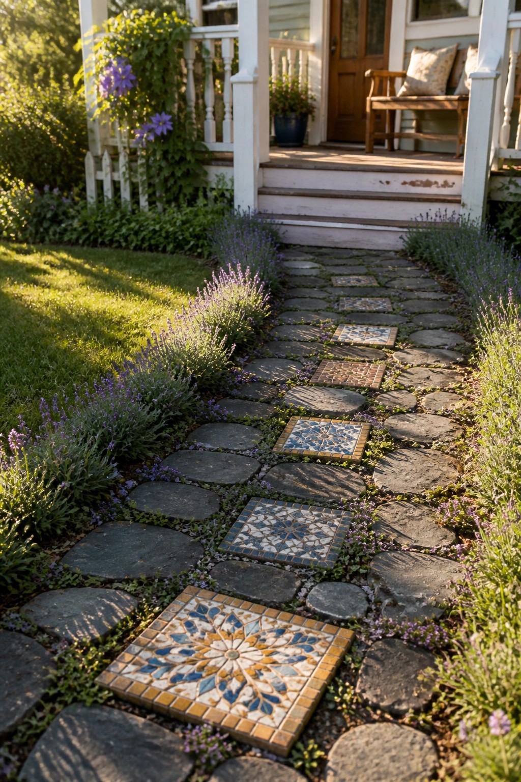 A garden path made of irregular gray stones with several colorful patterned tiles set into it, bordered by lavender plants and leading toward a house porch.