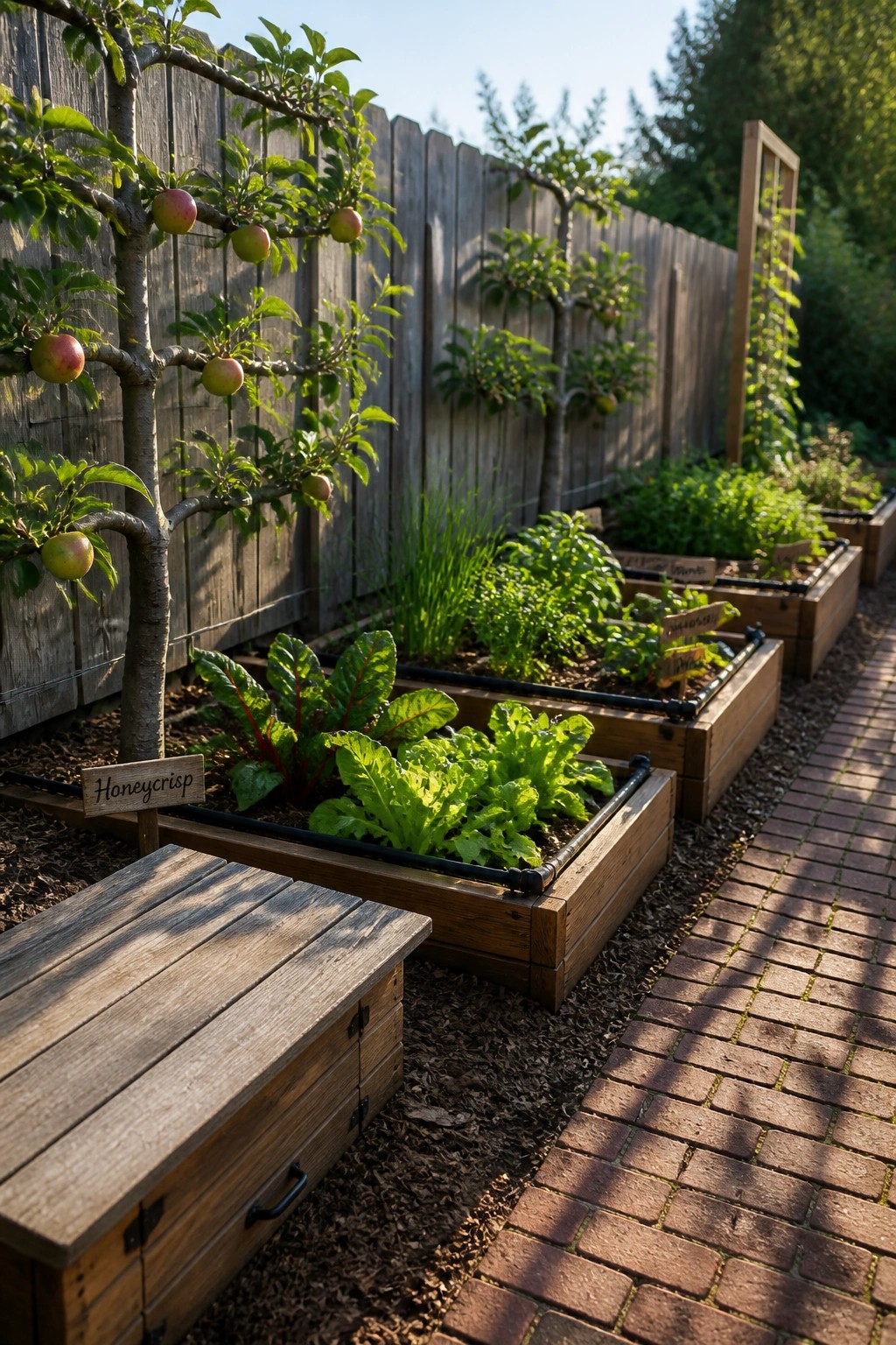 A backyard garden featuring multiple wooden raised beds with vegetables and herbs, apple trees trained against a wooden fence, and a brick pathway running alongside the beds.
