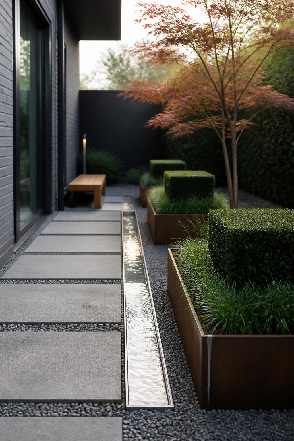 A concrete paver path runs beside a long narrow water channel set in gravel with raised metal planting beds and trees nearby.