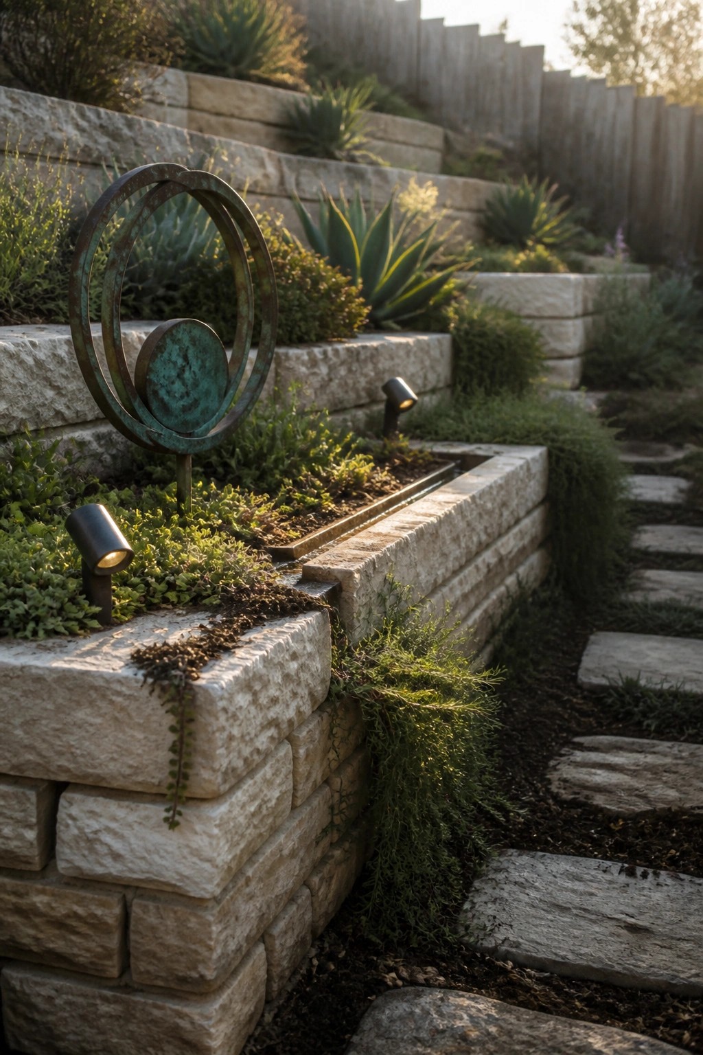 Tiered stone retaining walls form raised garden beds with plants, a metal sculpture, and path lights beside a stepping stone walkway.