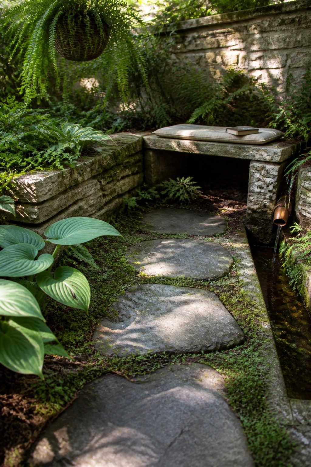 Circular stone stepping stones set in moss run beside a narrow stone water channel with water flowing from a copper pipe, surrounded by ferns and hostas against a stone wall.
