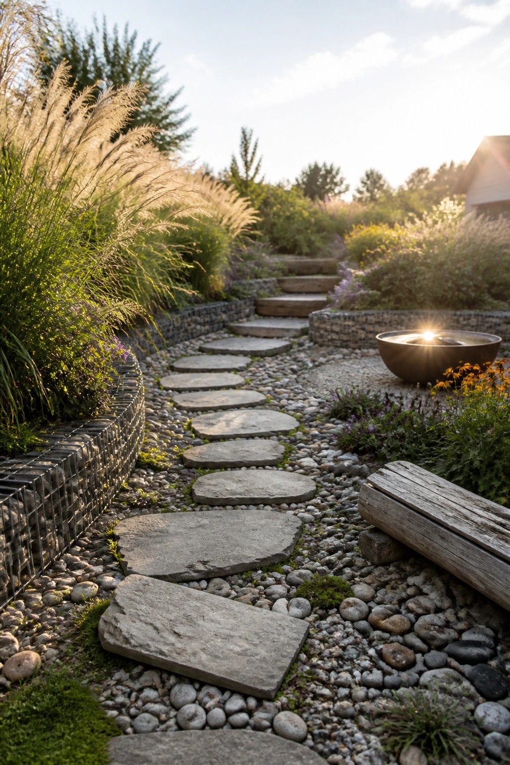 A winding garden path of flat stepping stones set in gravel, bordered by planted beds and a gabion wall on the left with a metal water bowl on the right.