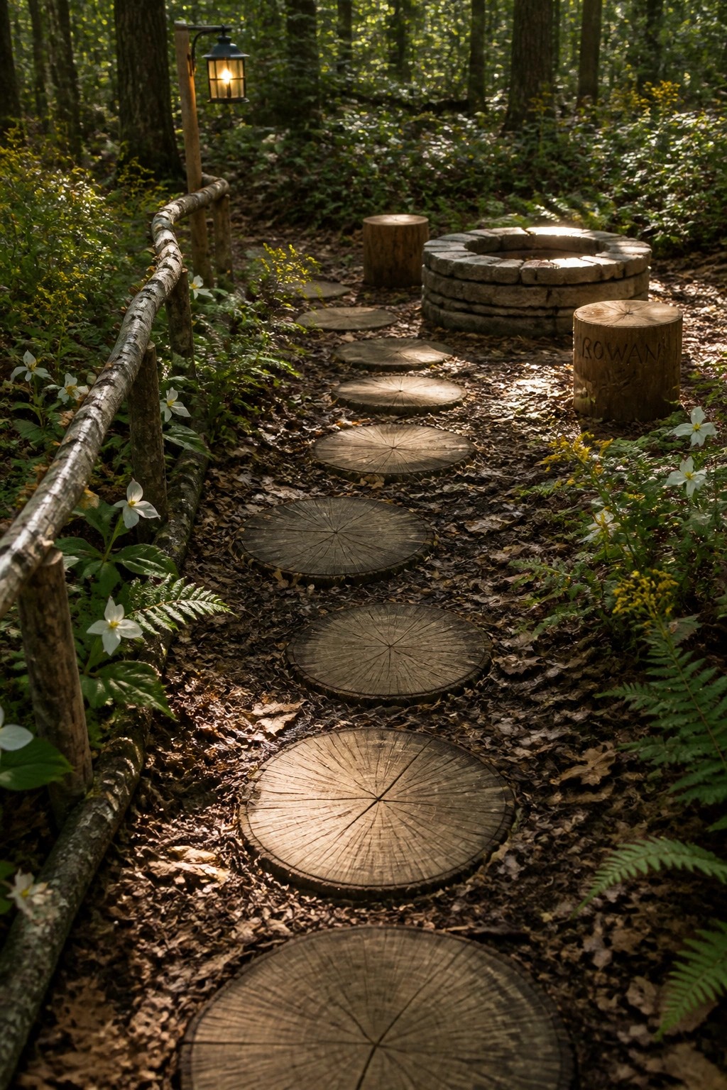 A winding garden path of large wooden slices leads through trees and ferns toward a circular stone fire pit.