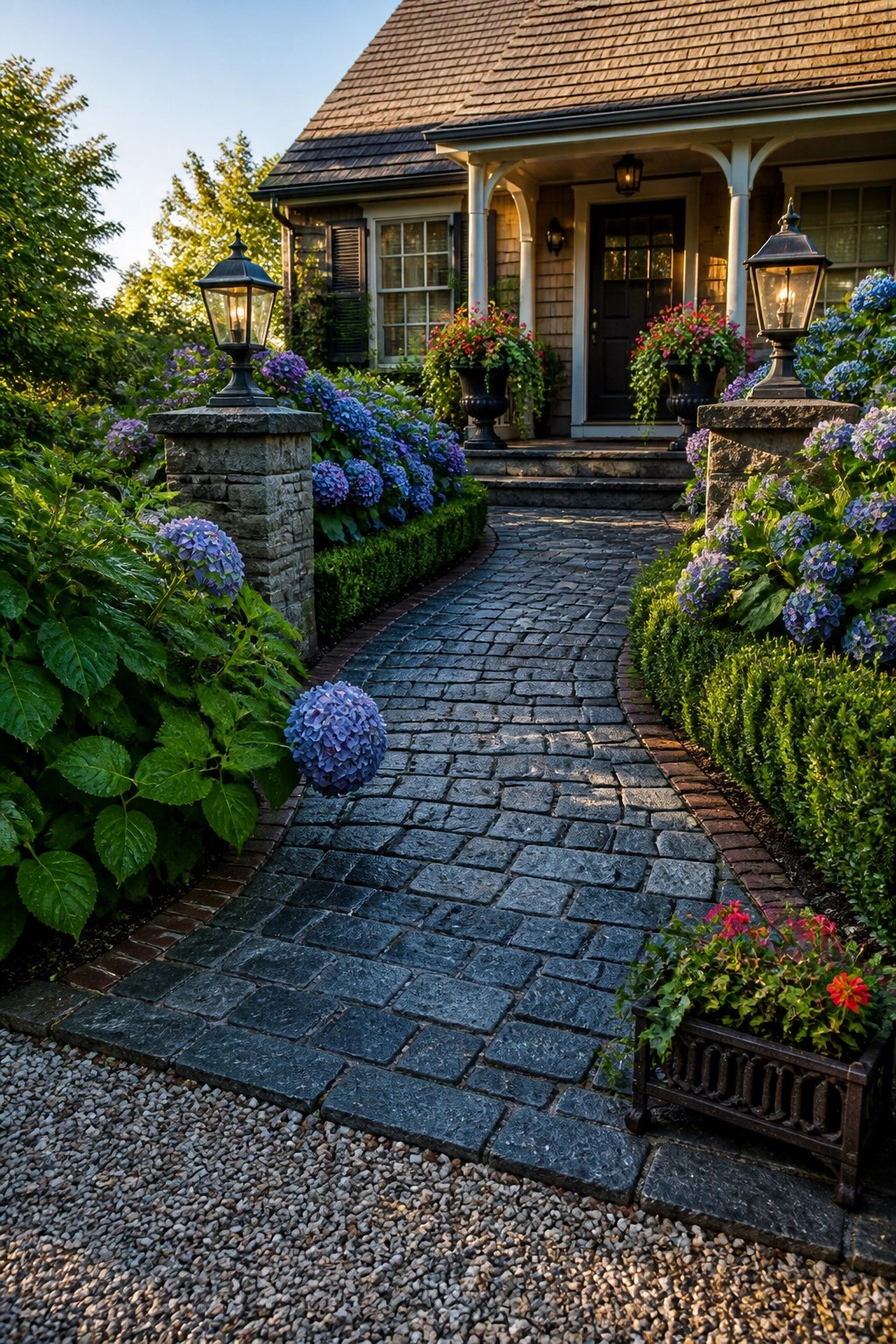 A curved cobblestone path with brick edging is lined by dense blue and purple hydrangeas and leads toward a house entrance flanked by stone pillars with lanterns.