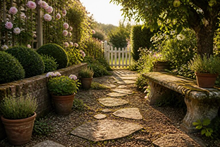 A narrow garden path of irregular stone slabs set in gravel, lined with potted plants and flower beds leading toward a white gate.
