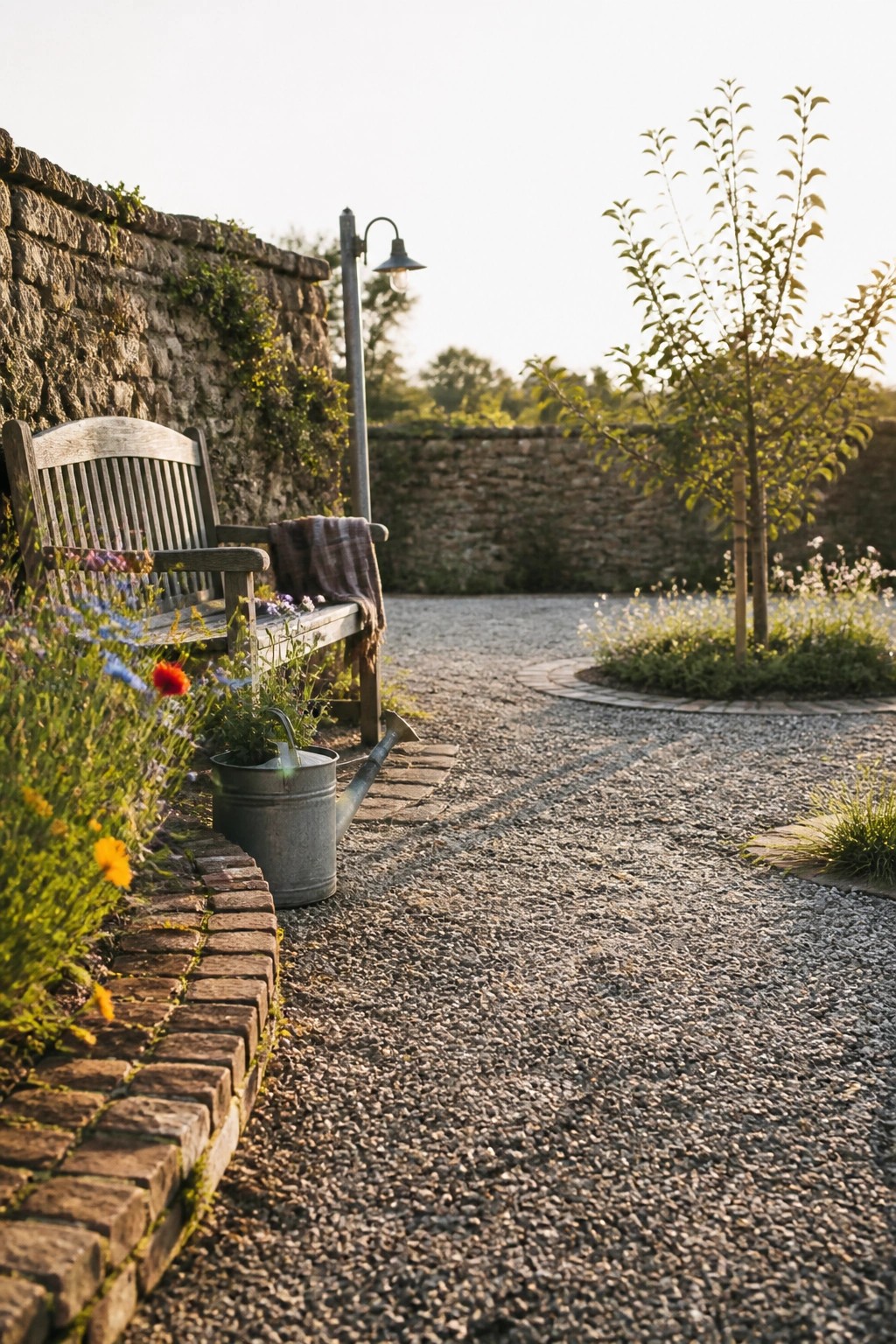 A gravel path bordered by bricks runs alongside a low stone wall, with colorful flowers and a wooden bench on the left.