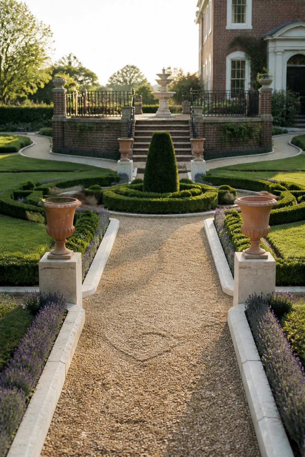A straight gravel path with light stone edging and lavender borders leads toward a tiered fountain and brick stairs.