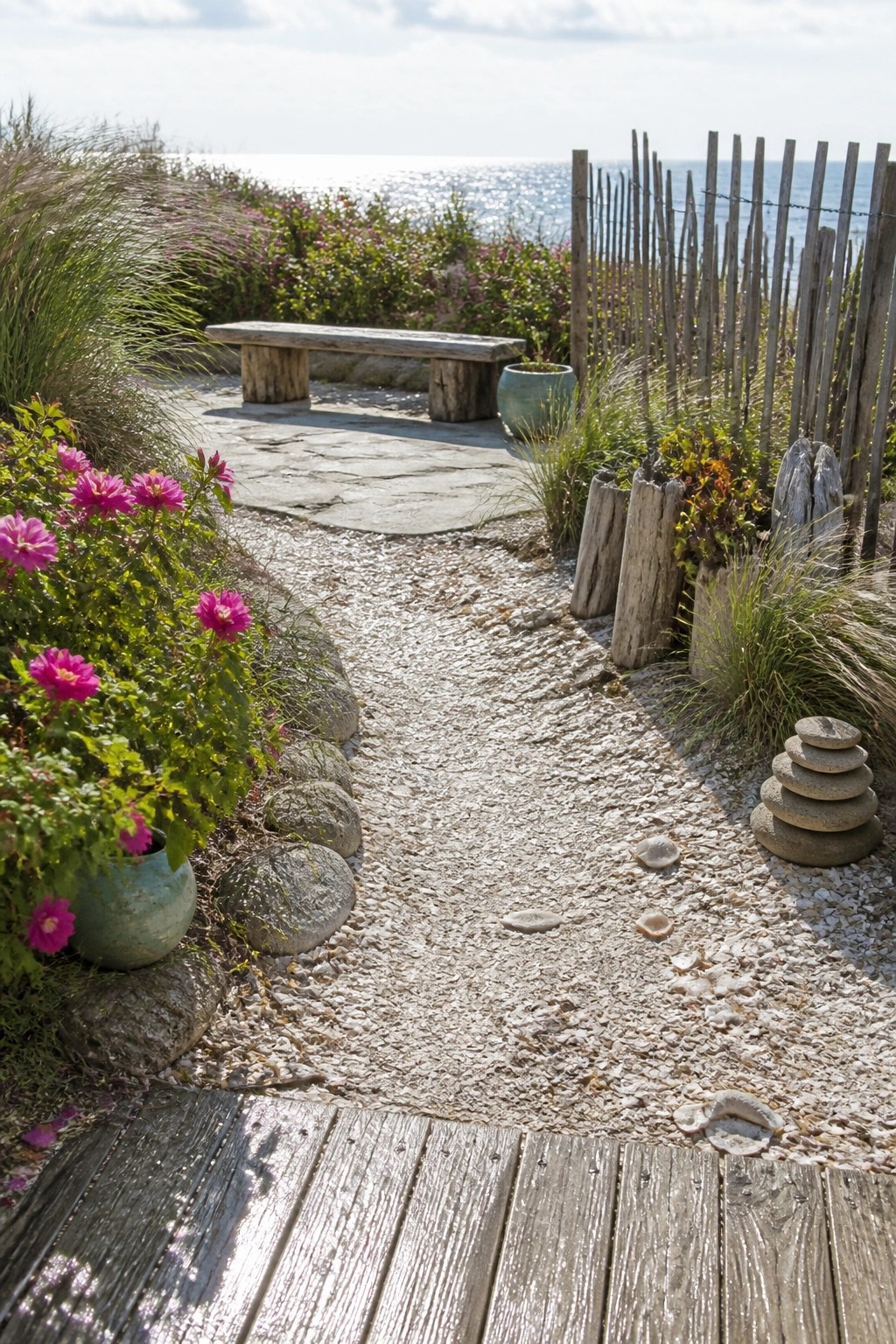 A gravel path bordered by stones and pink flowers leads past a wooden bench toward the ocean.
