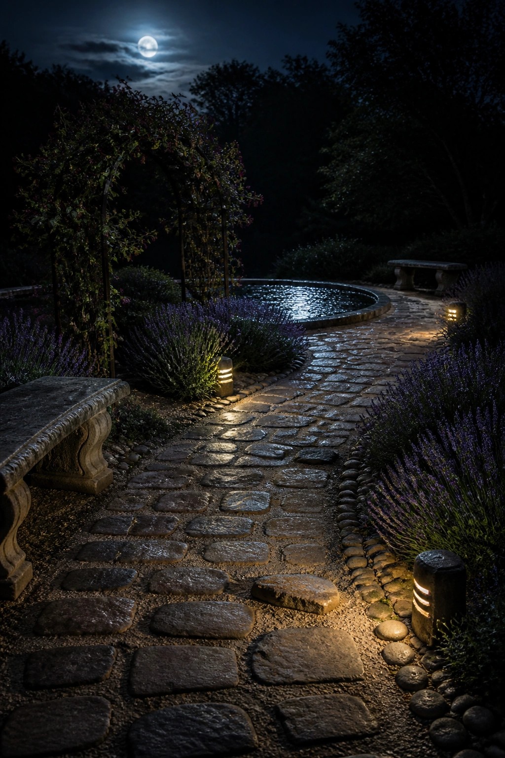 A winding path of irregular stone pavers bordered by lavender, with low path lights and a small pond in the background at night.