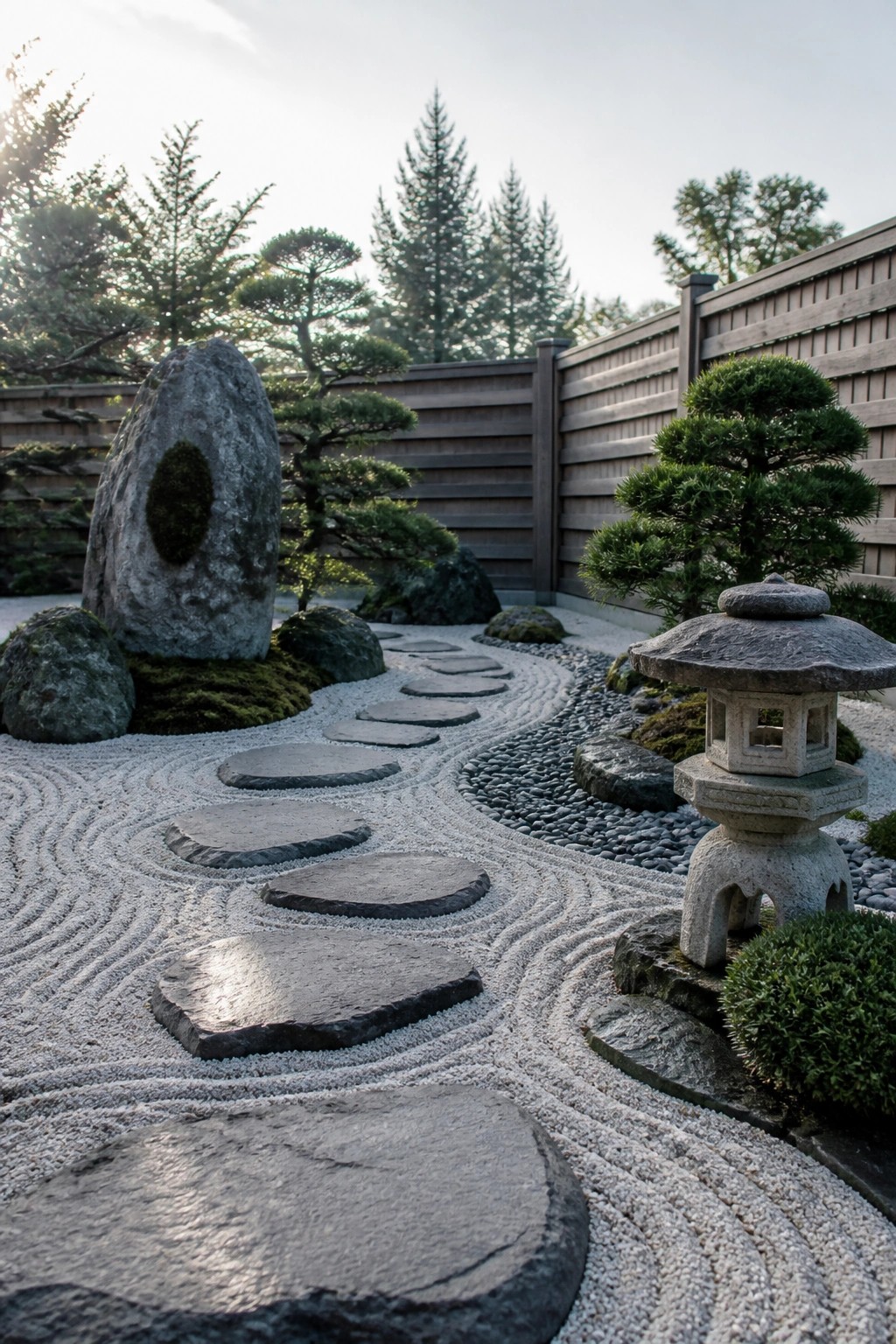 A winding garden path of irregular flat stepping stones set in raked gravel, bordered by large rocks and a stone lantern.