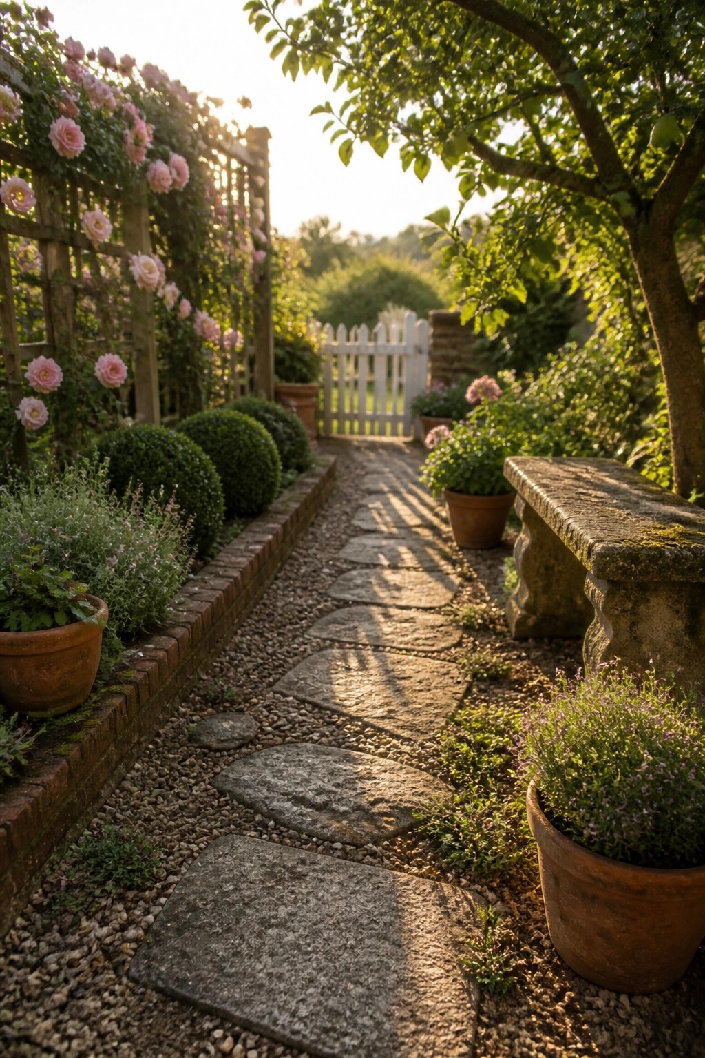 A narrow garden path of irregular stone slabs set in gravel, lined with potted plants and flower beds leading toward a white gate.