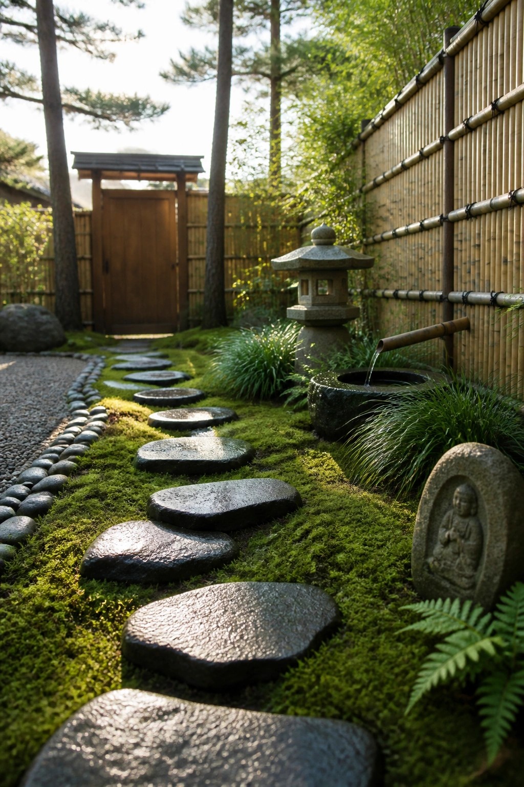 Japanese zen garden path of mossy stepping stones beside stone lantern and bamboo fountain