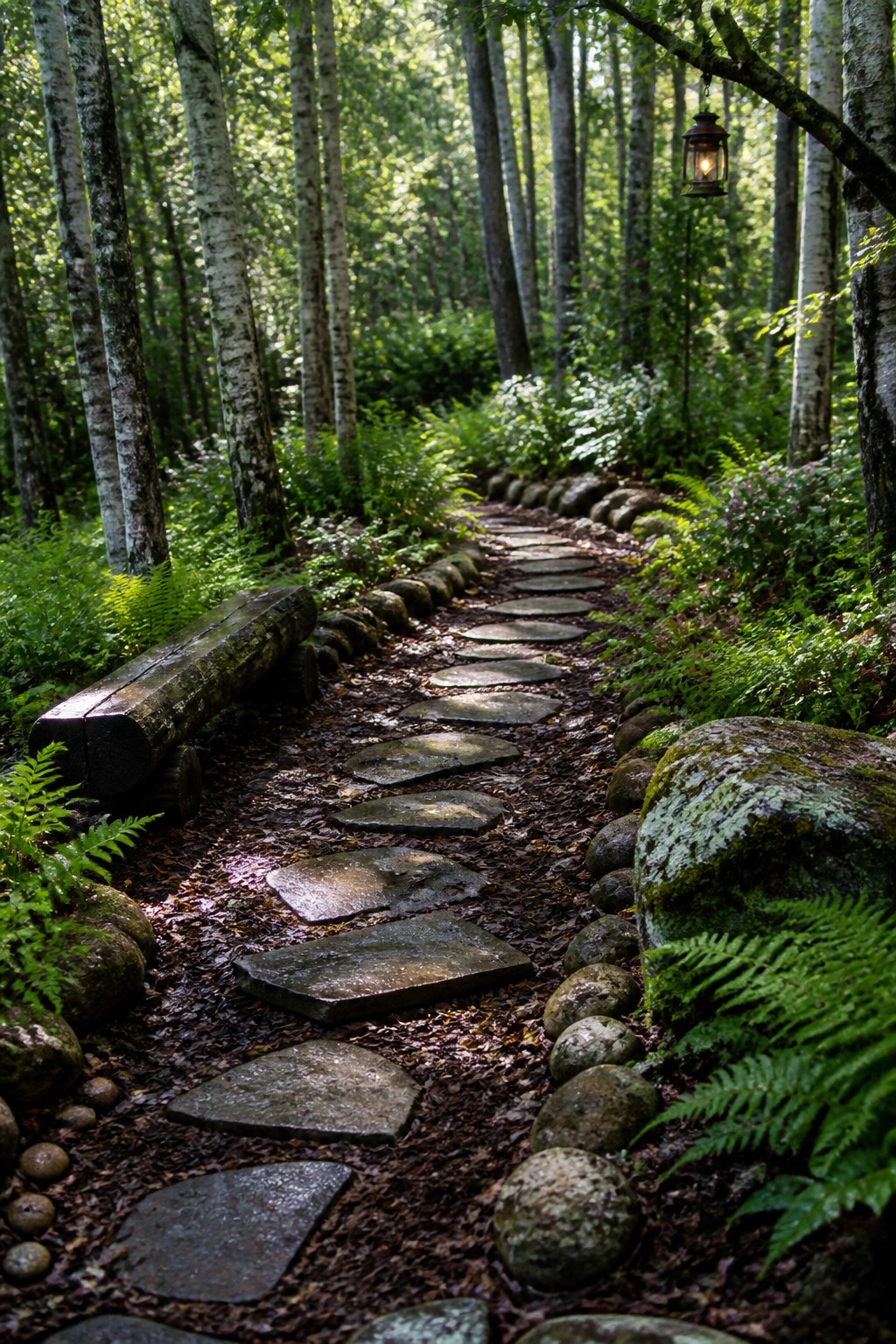 A winding garden path made of irregular flat stones bordered by rounded rocks runs through a dense forest with ferns, tall trees, and a hanging lantern.