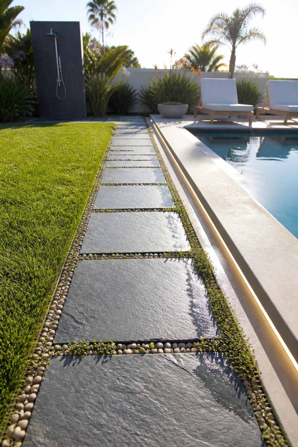A garden path of large gray stone slabs bordered by white gravel and low green plants running alongside a pool.