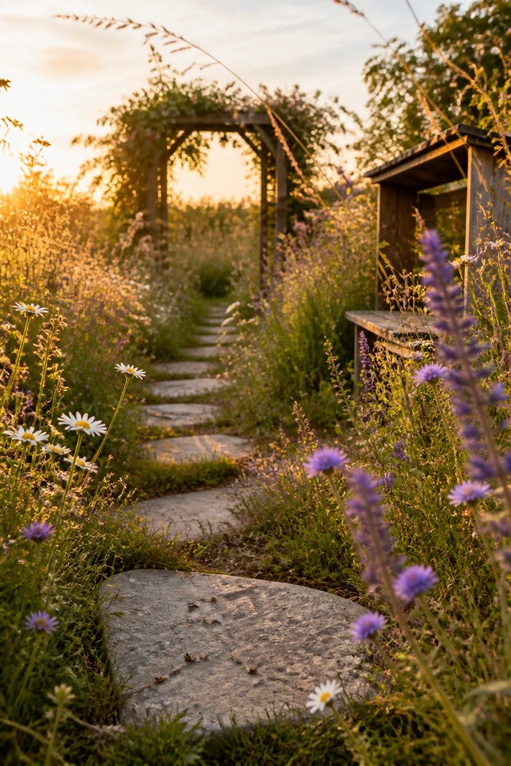 A winding path made of large irregular gray stone slabs leads through tall grass and colorful wildflowers including daisies and purple blooms, with a wooden garden arch visible in the distance.
