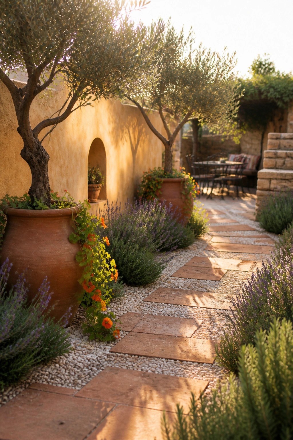 A garden path of rectangular terracotta-colored stone pavers set in white gravel, bordered by lavender and large terracotta pots with olive trees and flowering plants.