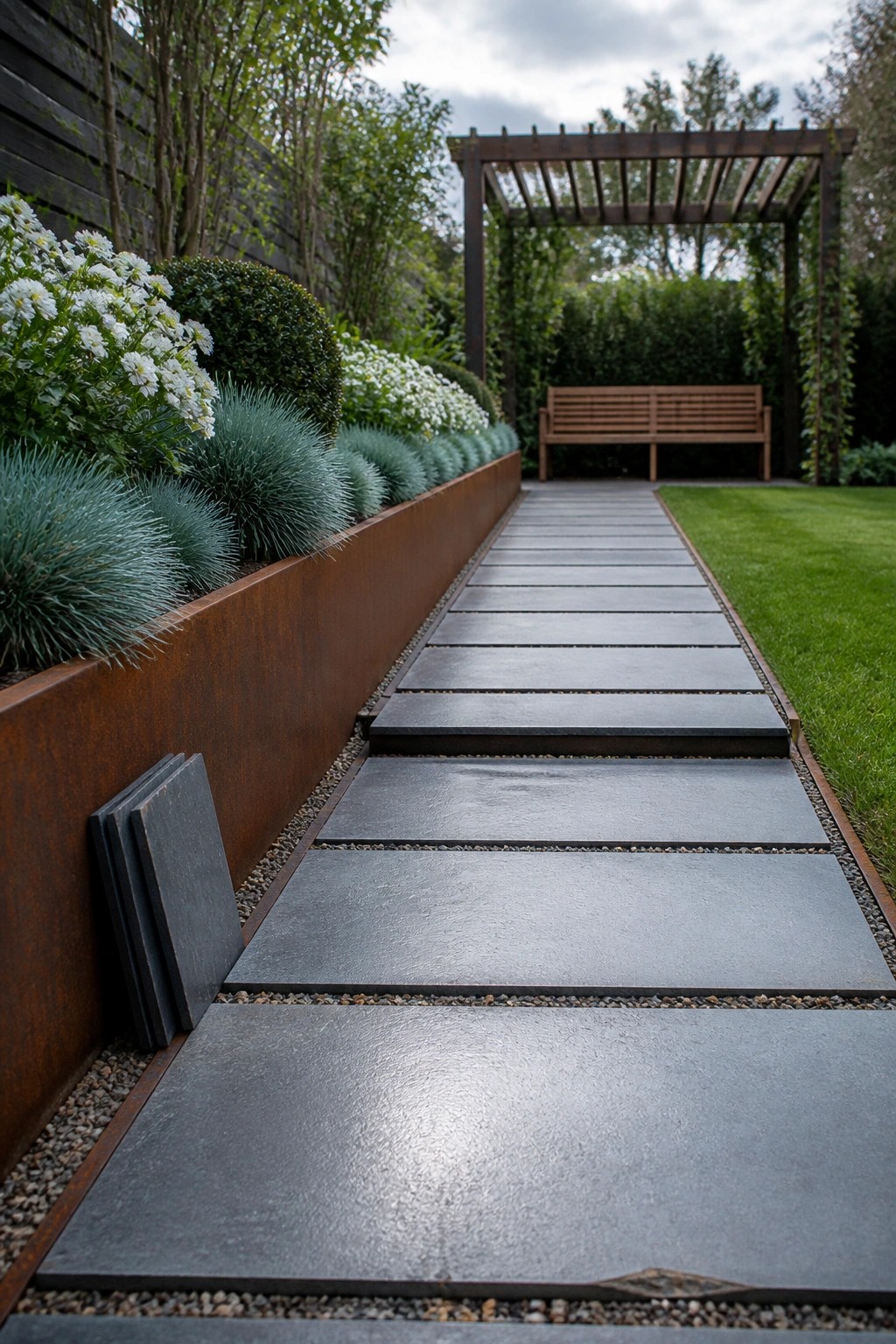 A straight garden path of large gray stone pavers bordered by a rusted metal raised bed with blue-green grasses and white flowers, leading toward a wooden bench under a pergola.
