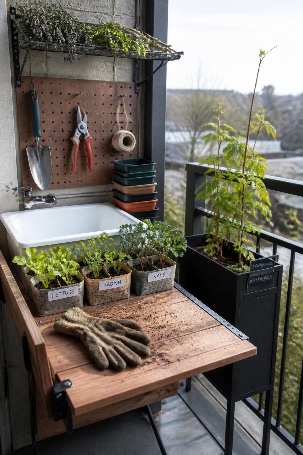 A balcony garden scene shows a wooden fold-down table with potted seedlings, gloves, and a wall-mounted sink and tool pegboard.