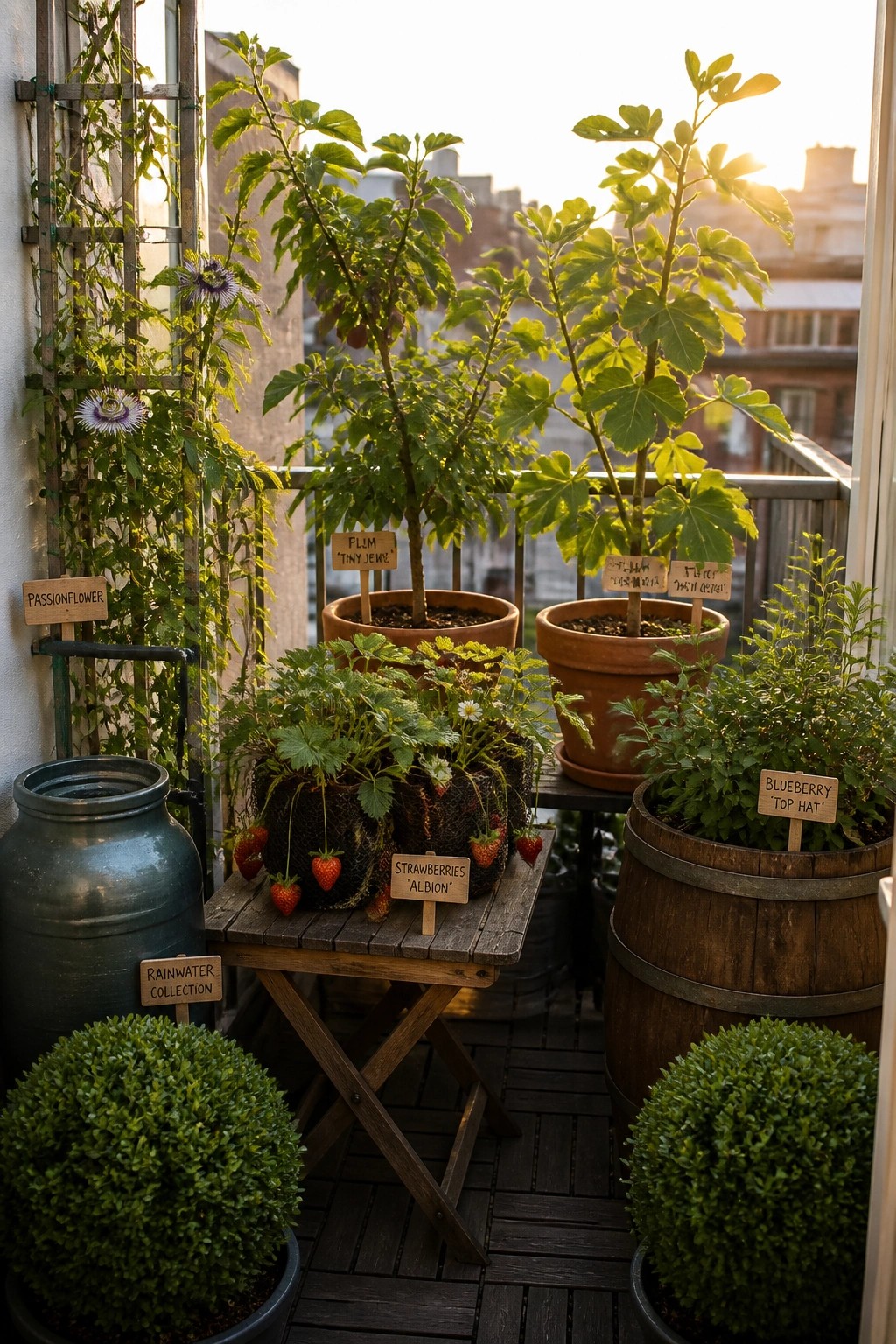 A balcony filled with potted plants including strawberry grow bags on a wooden table, fig trees in terracotta pots, a blueberry bush in a barrel, and a passionflower vine on a trellis.