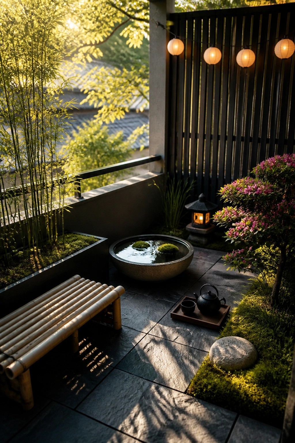 A small balcony garden features a round stone water basin with moss, a bamboo bench, potted bamboo, a flowering shrub, and paper lanterns along a dark slatted screen.