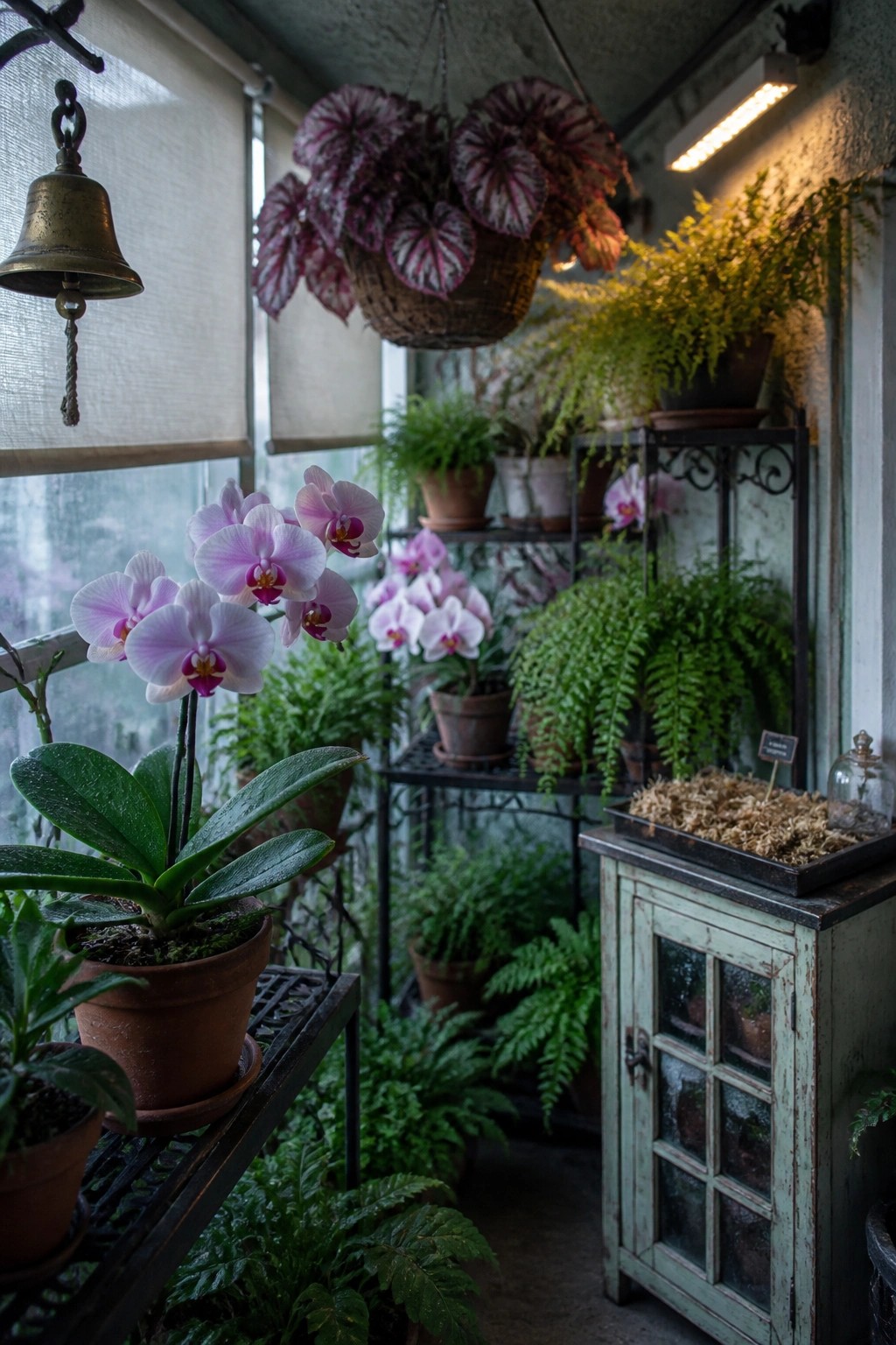 An indoor plant area with pink orchids on a bench, ferns and other pots arranged on black metal shelves, and a weathered green cabinet holding a tray of moss.