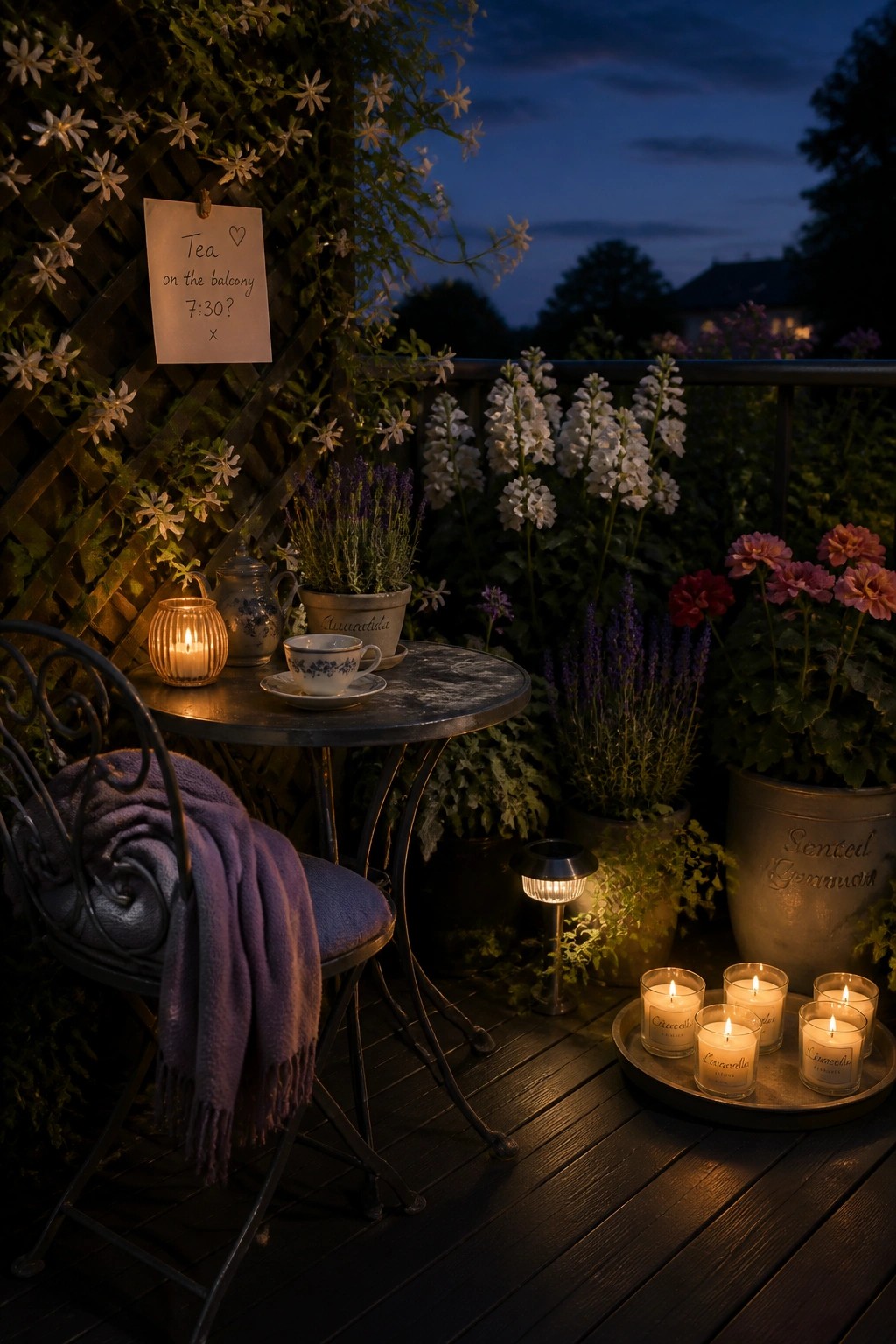 A balcony at dusk with a small metal table, chair with blanket, potted plants, and multiple lit candles on a tray.