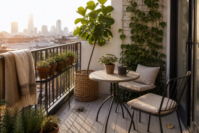 A balcony garden with black metal chairs around a round table, multiple potted plants on the floor and railing, and climbing vines growing on a wall-mounted grid.