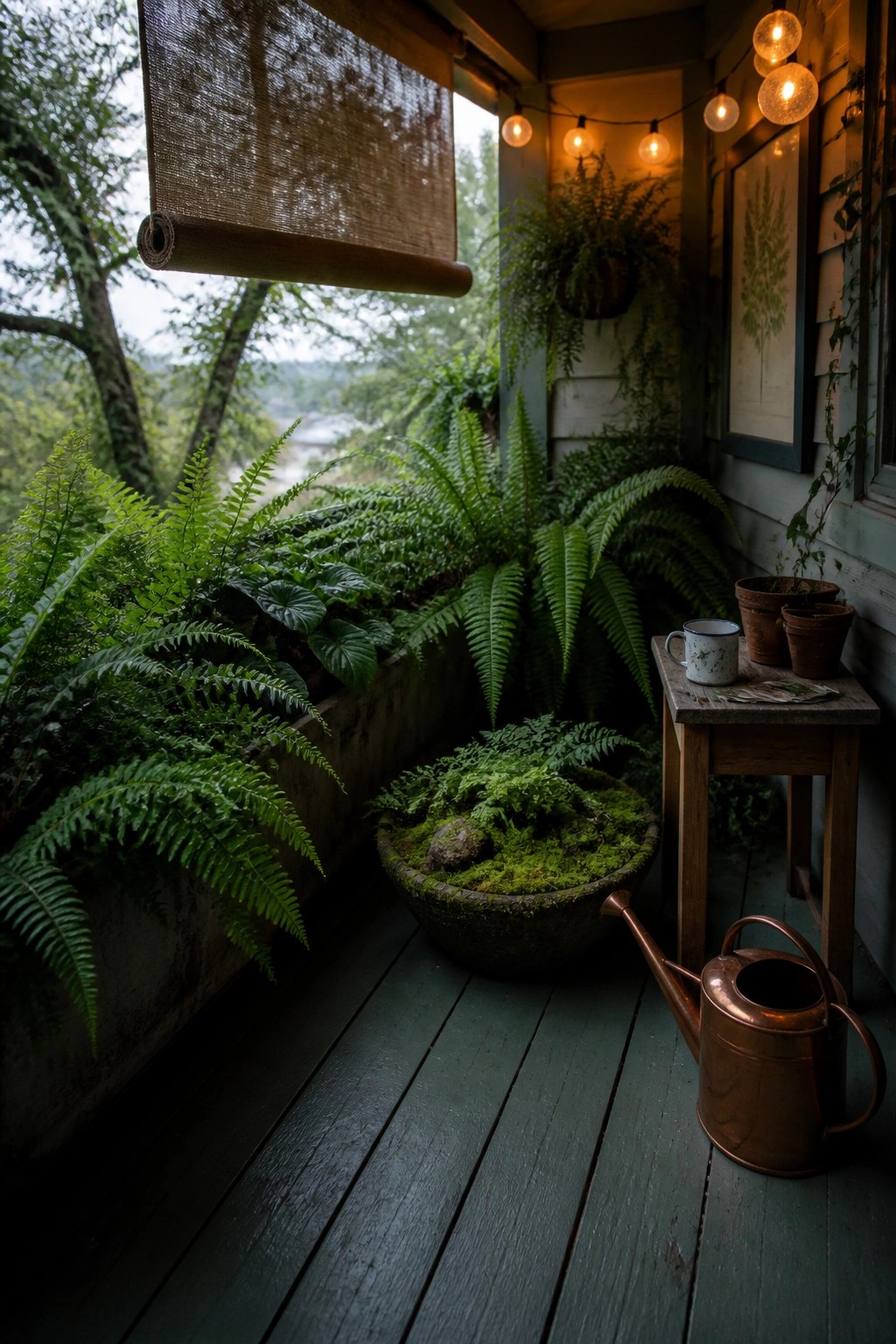 A wooden balcony filled with various ferns in containers, including a large stone bowl and a long planter box, next to a small wooden table and copper watering can.