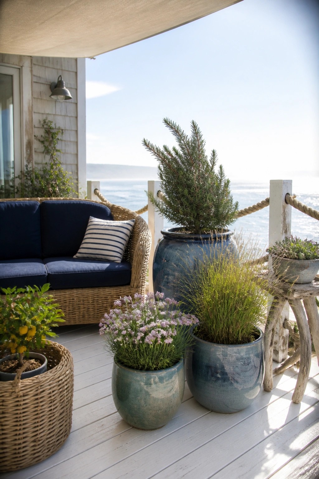 A wooden balcony deck holds a wicker sofa and several large blue ceramic pots filled with assorted green plants, with the ocean visible beyond a rope railing.