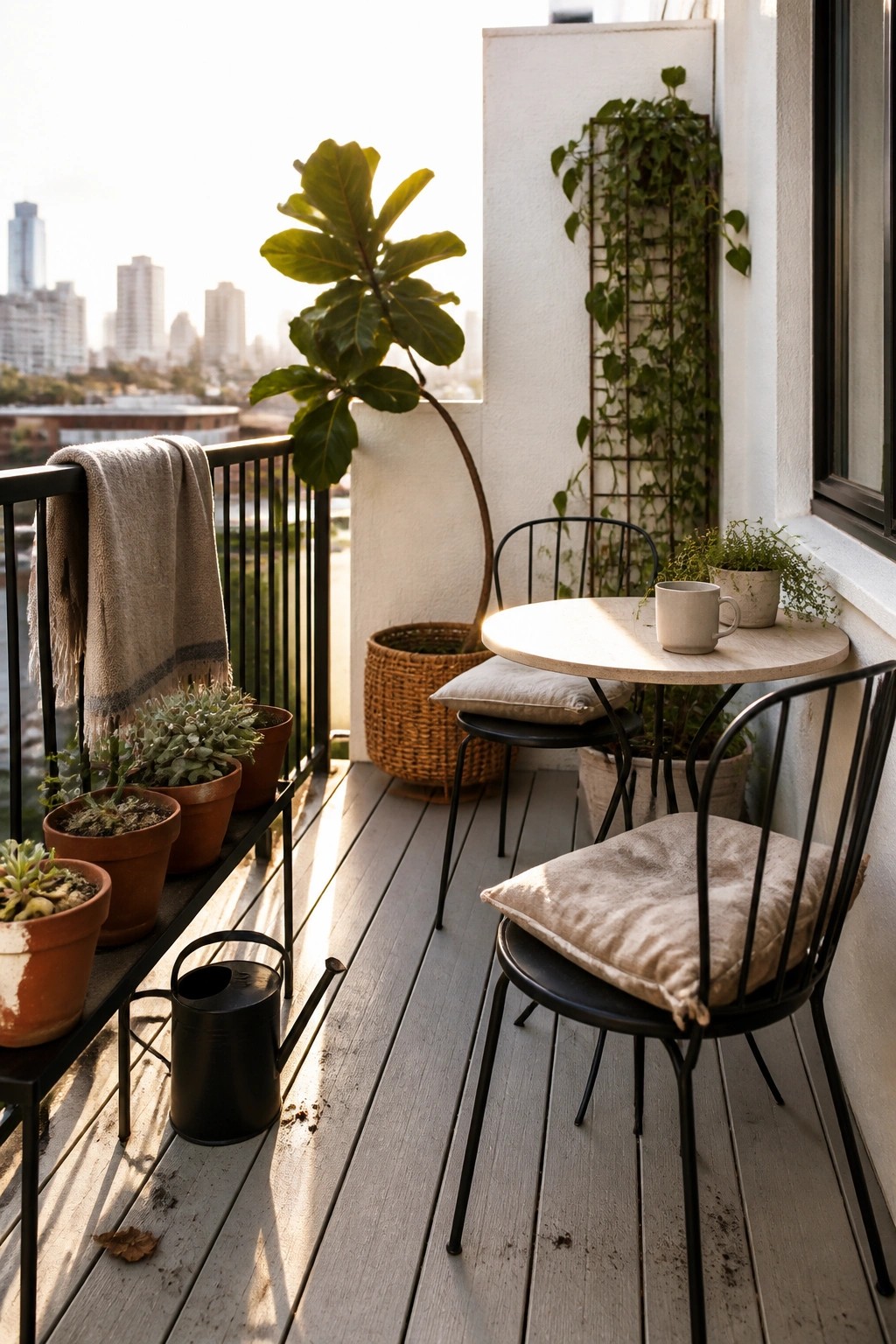 A balcony garden with black metal chairs around a round table, multiple potted plants on the floor and railing, and climbing vines growing on a wall-mounted grid.