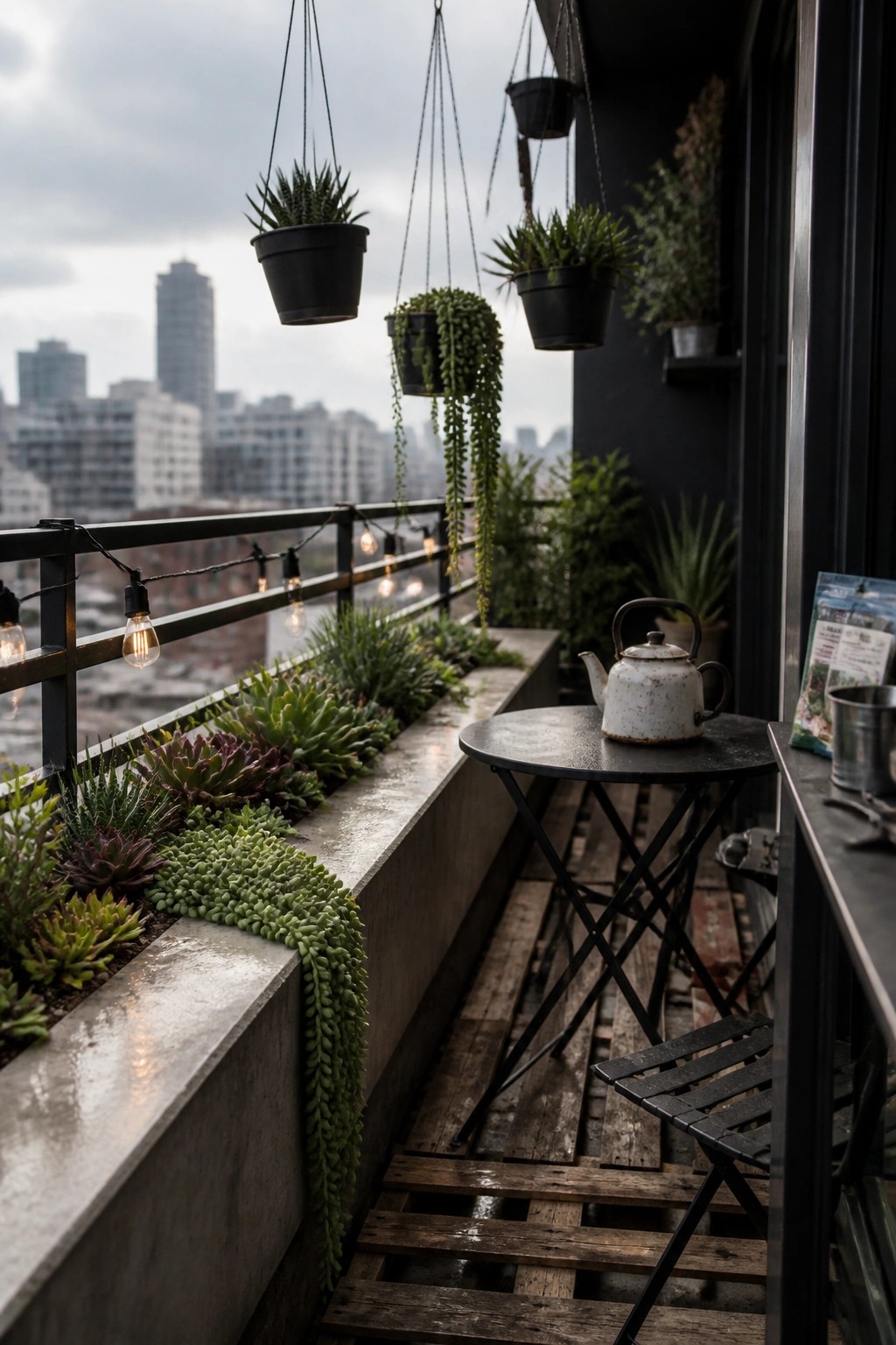A city balcony featuring a long concrete trough planter filled with succulents and trailing plants, multiple black hanging pots suspended from above, a small round table with a kettle, string lights on the railing, and a view of buildings in the background.
