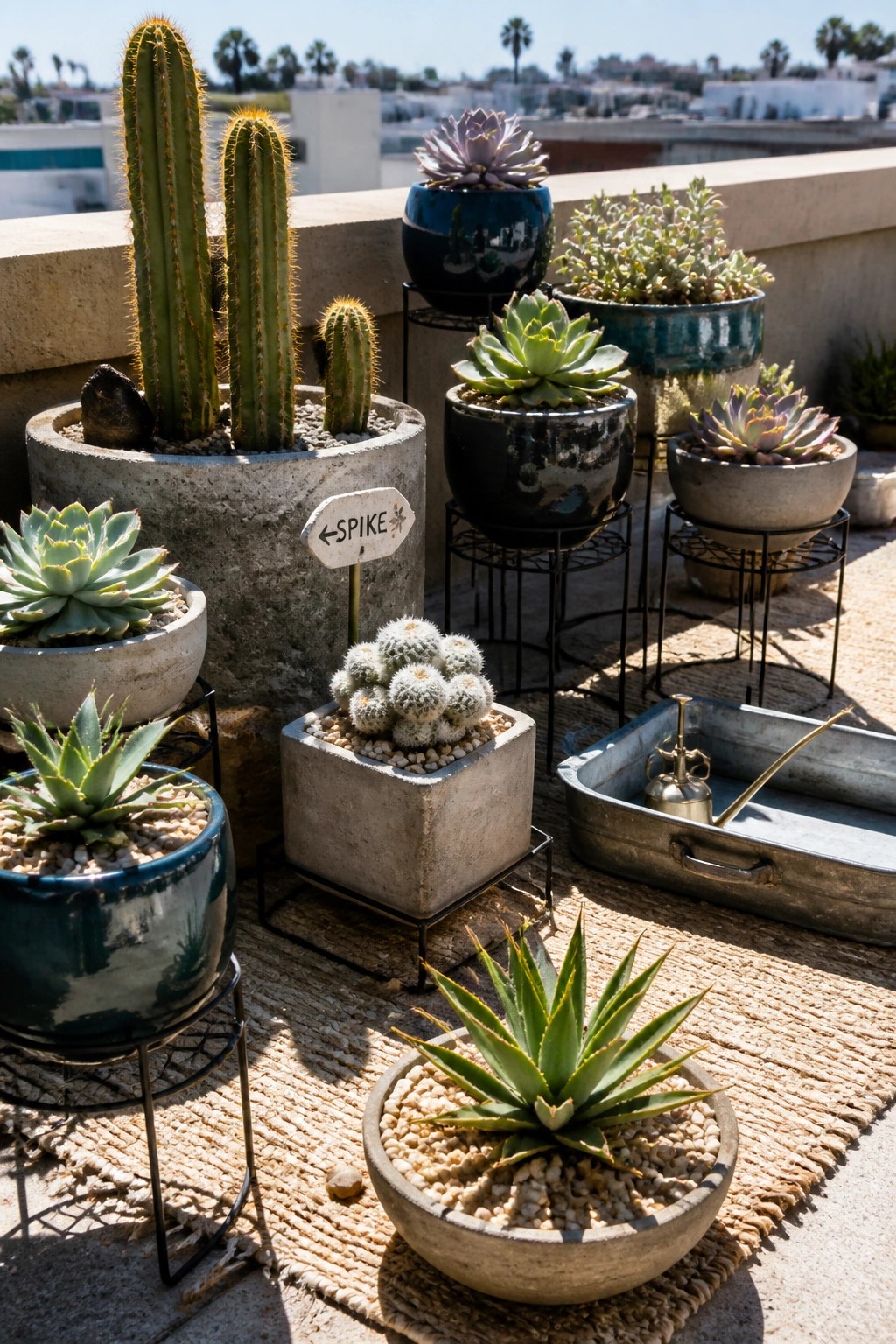 A rooftop balcony garden with various succulents and cacti placed in concrete and ceramic pots, some raised on black metal stands.