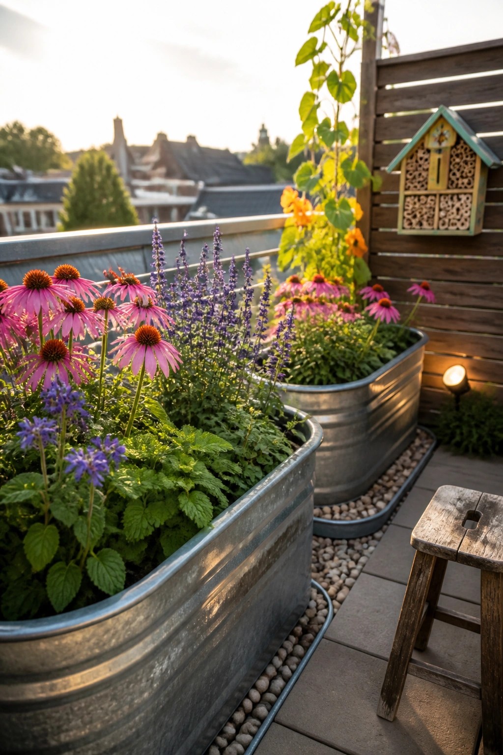 A balcony garden with pink coneflowers and purple salvia growing in large metal trough planters beside a wooden stool and insect house.