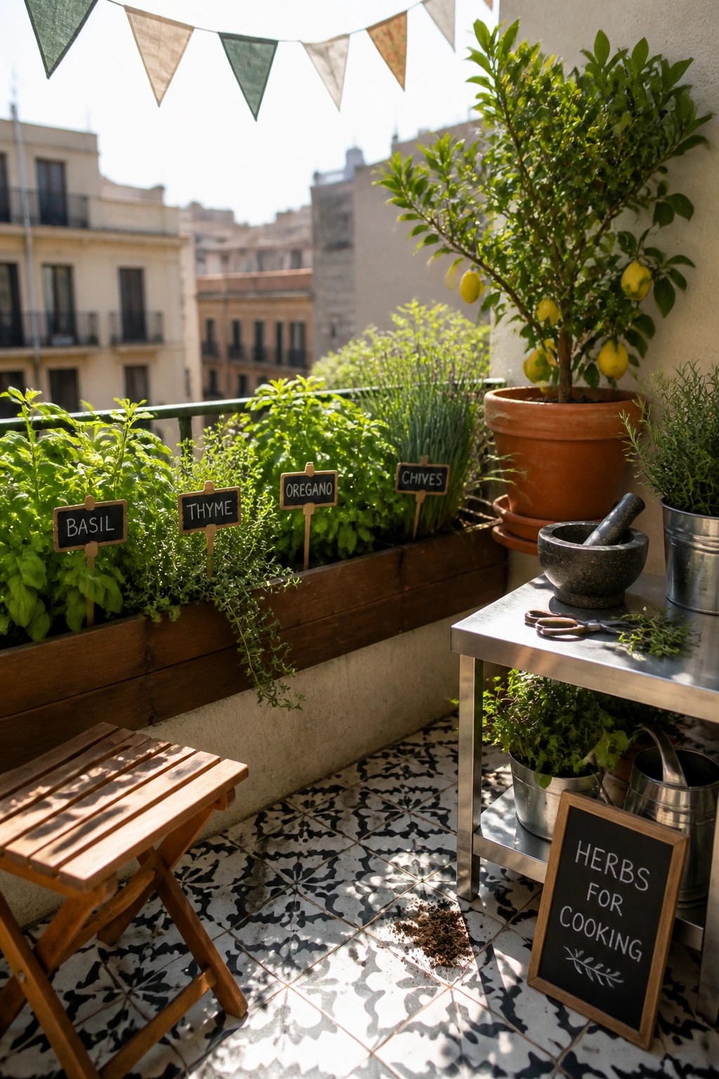 Sunny balcony herb garden with labeled basil, thyme, oregano, chives and lemon tree