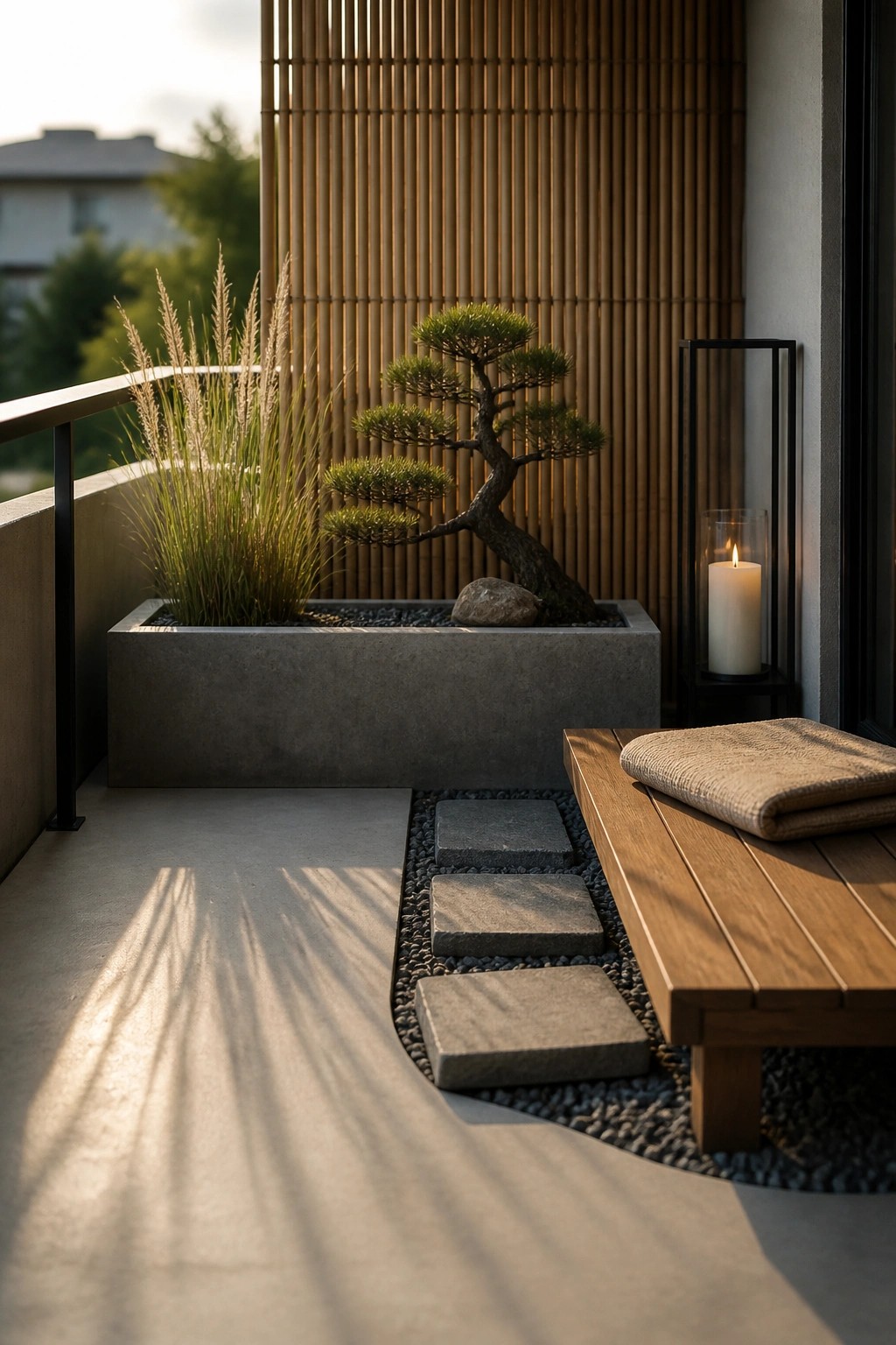 A modern balcony with a large concrete planter holding a bonsai tree and tall grasses, stepping stones over pebbles, a wooden bench with a folded blanket, and a lit candle in a black holder.