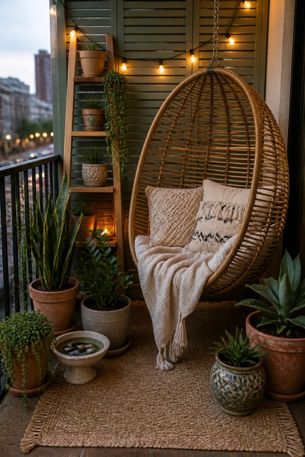 A balcony features a hanging wicker egg chair with cushions and a blanket, surrounded by assorted potted plants on a woven rug under string lights.