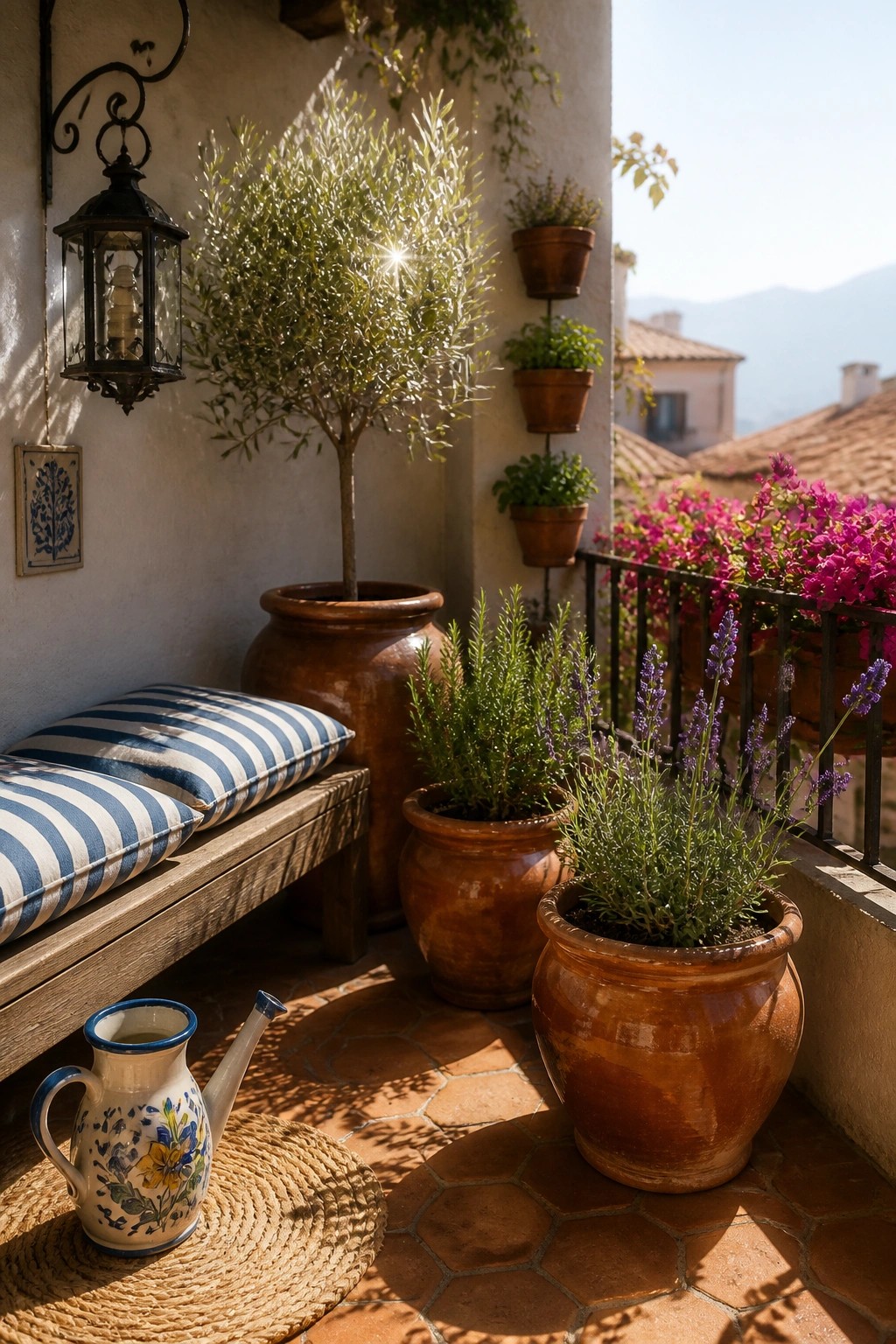 A sunny balcony corner features a wooden bench with striped cushions, several large terracotta pots holding an olive tree and flowering herbs, and a decorative ceramic pitcher on a woven mat.