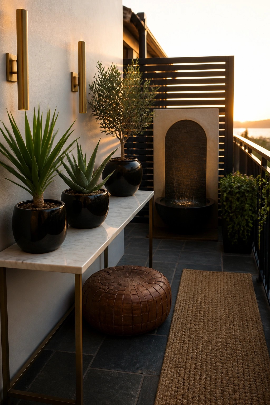 A balcony with a marble-topped console table holding three potted plants in black containers, next to a brown leather pouf and a woven rug, with a wall fountain in the background.