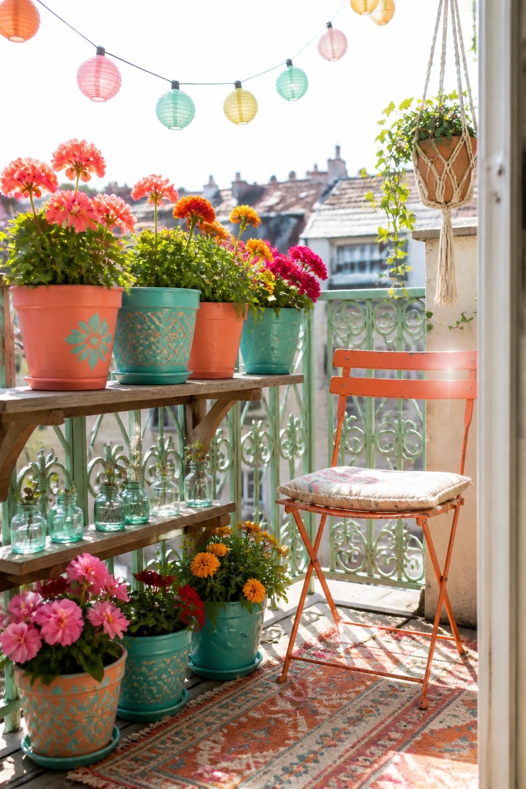 A sunny balcony with colorful potted flowers arranged on two wooden shelves, an orange metal chair on a patterned rug, and string lights overhead.