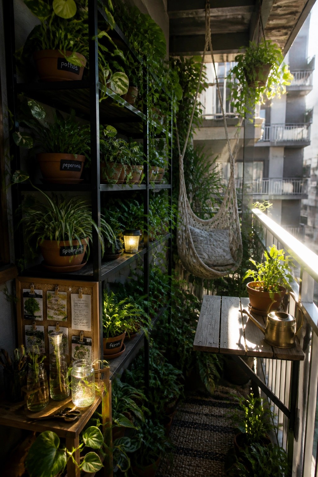 A narrow balcony lined with tall black metal shelves holding numerous potted plants, a hanging macrame chair, and a small wooden table with a watering can.