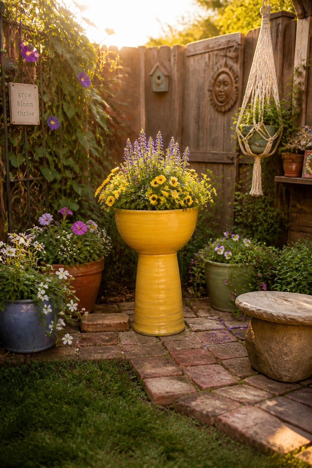 A tall yellow pedestal pot filled with yellow and purple flowers stands on a brick path in a garden surrounded by other potted plants and greenery.