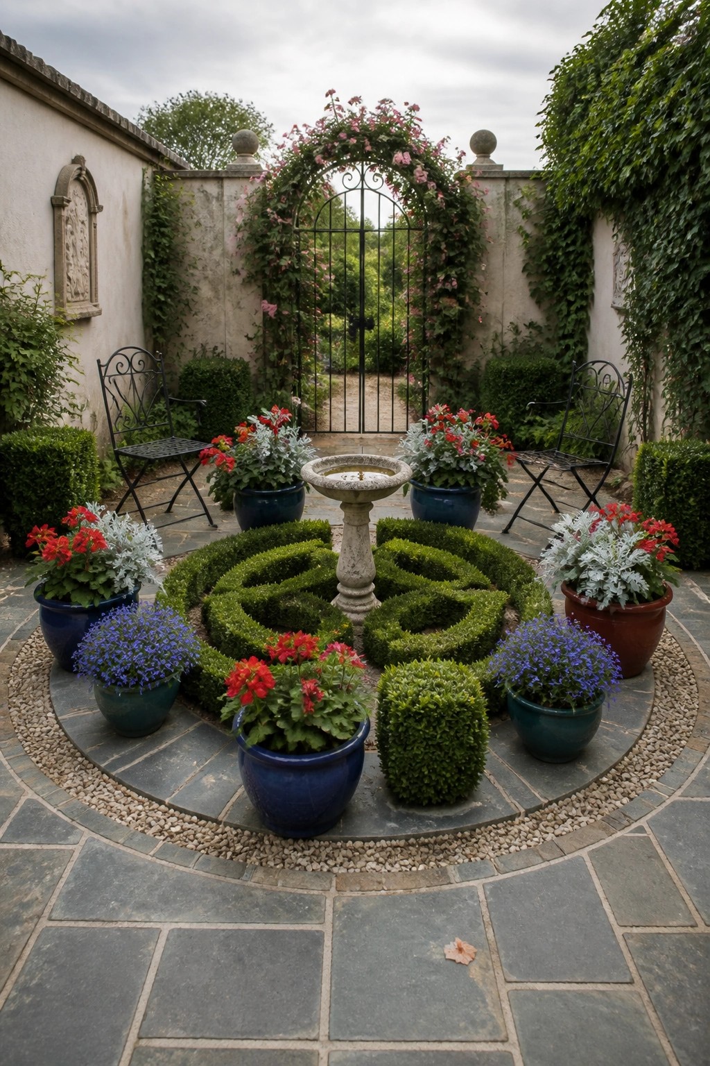 A circular garden layout with a central stone fountain, colorful potted plants, low green hedges, and two black metal chairs on a stone patio.