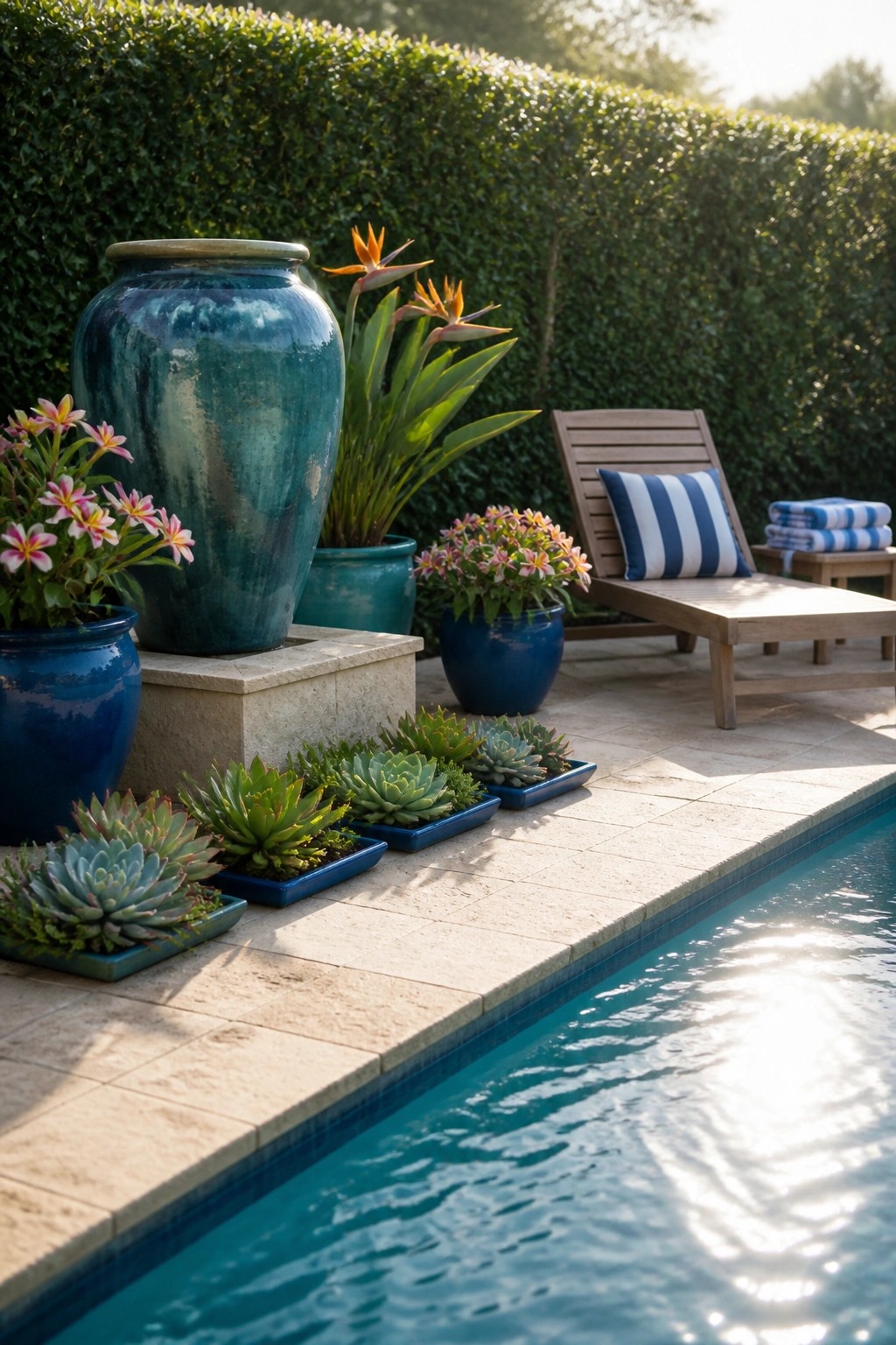 A poolside patio with multiple blue ceramic pots holding flowers and succulents arranged along the water edge, a large blue vase on a stone pedestal, a wooden lounge chair with a striped pillow, and a tall green hedge behind.