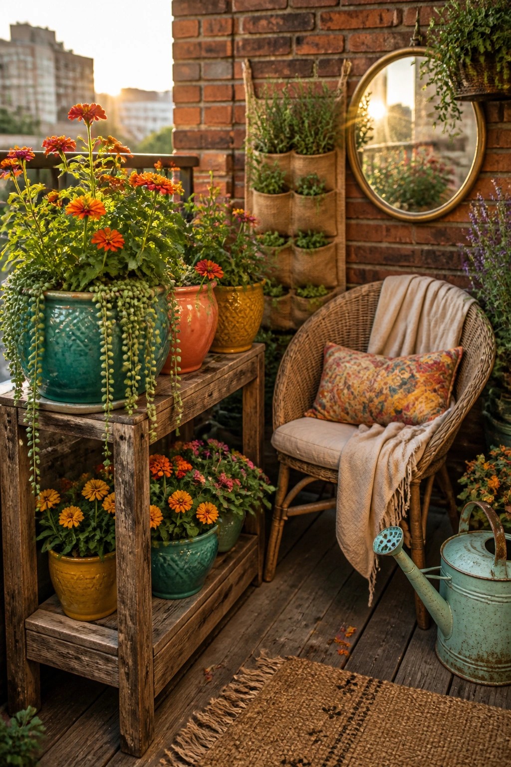 A wooden balcony table holds multiple colorful ceramic pots with orange and pink flowers beside a wicker chair and a round mirror on a brick wall.