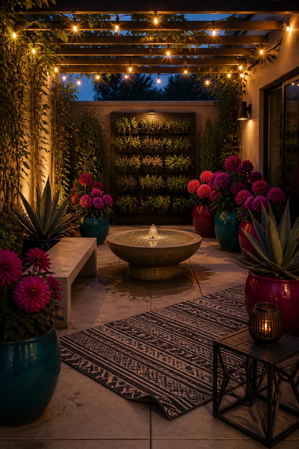 A small patio at dusk features a round stone fountain surrounded by large colorful pots filled with magenta flowers and agave plants, with string lights overhead and a patterned rug on the stone floor.