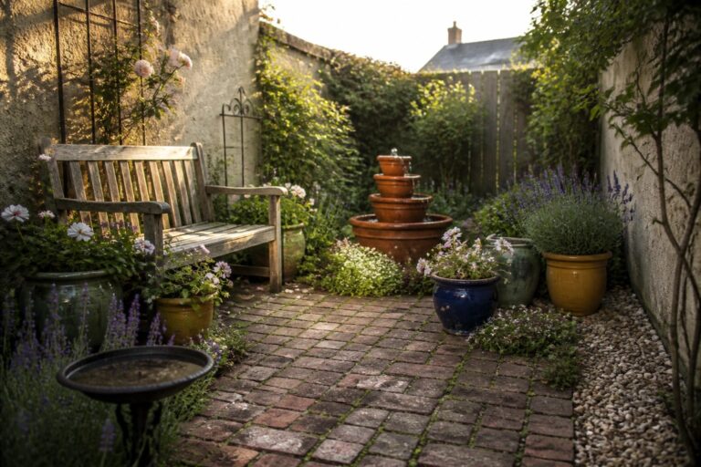 A narrow brick garden path lined with colorful pots of flowers, a wooden bench on the left, and a terracotta fountain in the background.