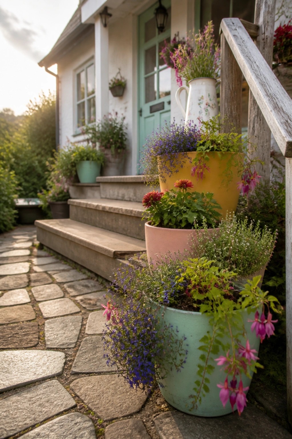 A stone path and steps lead to a house entrance lined with large colorful pots holding flowering plants.